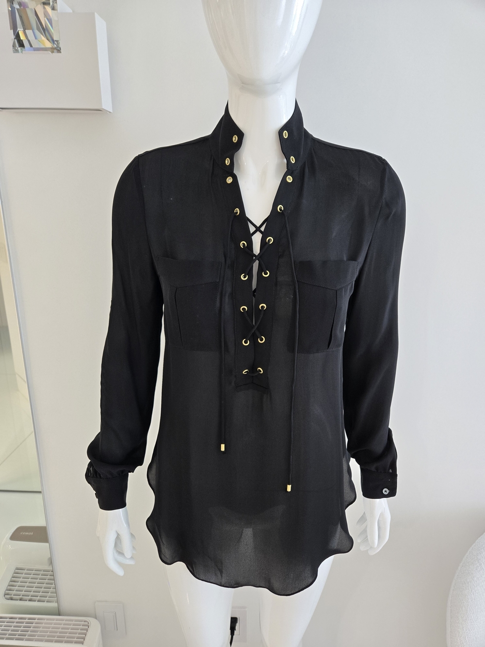 Haute Hippie Black Silk Lace-Up Long Sleeve Blouse with Gold Eyelets